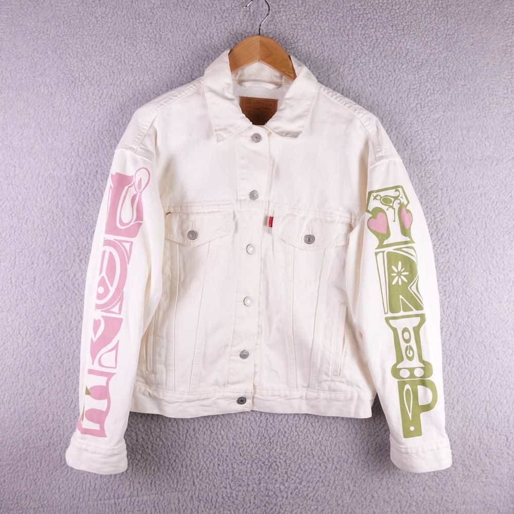 Levis Premium Mens White Denim Trucker Jacket Love Trip Graphic Sleeve Small
